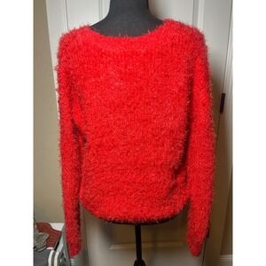 Pink Rose Fuzzy Knit Sweater Red V Neck Long Sleeve Soft Pullover XS‎